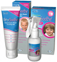 ViraSoothe Chickenpox Relief Cooling Gel tube and spray bottle, specially formulated for chickenpox treatment, are displayed in front of their packaging, featuring images of smiling children and clear product branding.