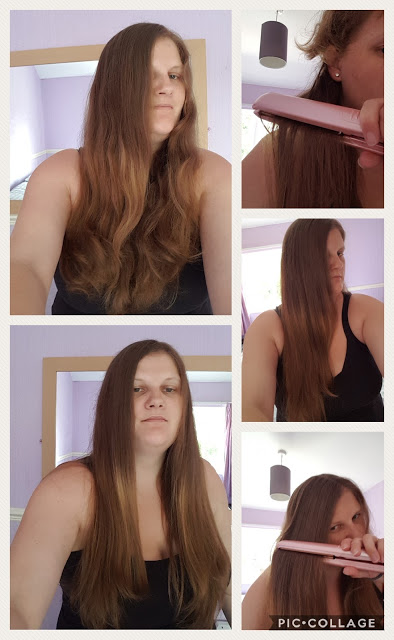 A woman with long brown hair is shown in a collage, straightening her wavy hair with the CoCo LoCo Ceramic Styler & Straightener. The before and after images highlight her smooth, straight hair.