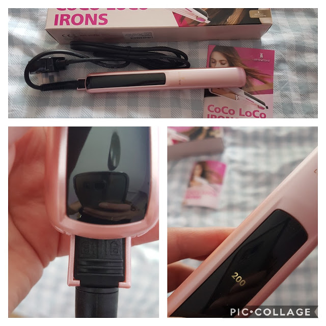 Collage of the CoCo LoCo Ceramic Styler & Straightener, its box, power lead, and user guide. Close-ups highlight the digital temperature display set to 200°C and the straightener's power socket.