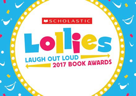 Colourful circular logo for the Scholastic Lollies Laugh Out Loud 2017 Book Awards and Lollies Shortlist, with confetti and smiley faces on a blue background.