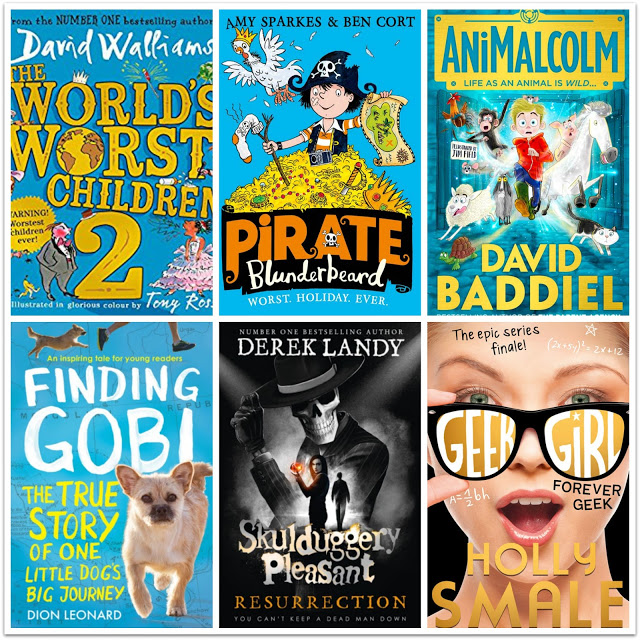 A collage of six colourful children's book covers from a book bundle by David Walliams, My Sparkes & Ben Cort, David Baddiel, and more, featuring playful fonts and lively illustrations—perfect for anyone looking to win books for young readers.