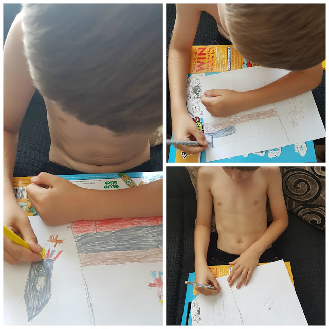 A shirtless child sits on a sofa, getting creative with BIC Kids coloured pencils as they draw on white paper from three different angles. Colouring books and pencils are visible nearby, highlighting their focus on artwork.