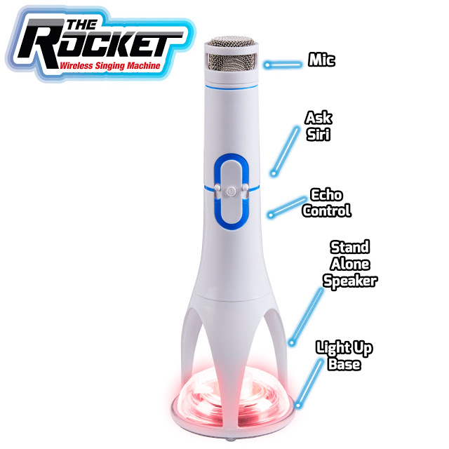 A white wireless Rocket Singing Machine called “The Rocket” with labelled parts: mic on top, Ask Siri button, echo control, stand-alone speaker, and a light-up base glowing red at the bottom—perfect for karaoke fun.
