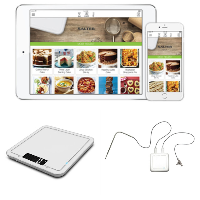 A tablet and smartphone display a recipe app. Below them are a digital kitchen scale and a digital food thermometer with a probe, both in white—favourite products for perfect dishes and summer essentials for every home cook.