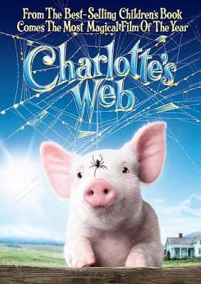 A pink pig sits in front of a blue sky with a spider hanging from a web above its head. Text reads: "From the best-selling children's book comes one of the kids’ favourites and most magical films of the year: Charlotte's Web.