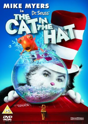 DVD cover of "The Cat in the Hat," a kids' favourite, shows a person in a cat costume with a tall red-and-white striped hat peeking behind a fishbowl with a surprised goldfish. Title and cast info appear above.