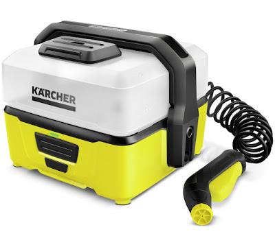 A portable Kärcher pressure washer with a yellow base, white top, black handle, and attached spray nozzle connected by a coiled black hose—one of the products Matthew is loving at the moment.