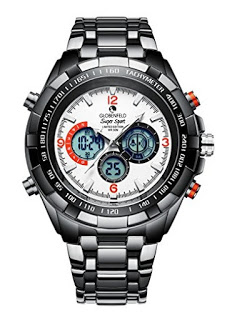 A silver metal wristwatch with a white face, analogue hands, three digital displays, and a combination of black and red details—one of the products Matthew is loving. The brand "Giorfield Super Sport" is visible on the dial.
