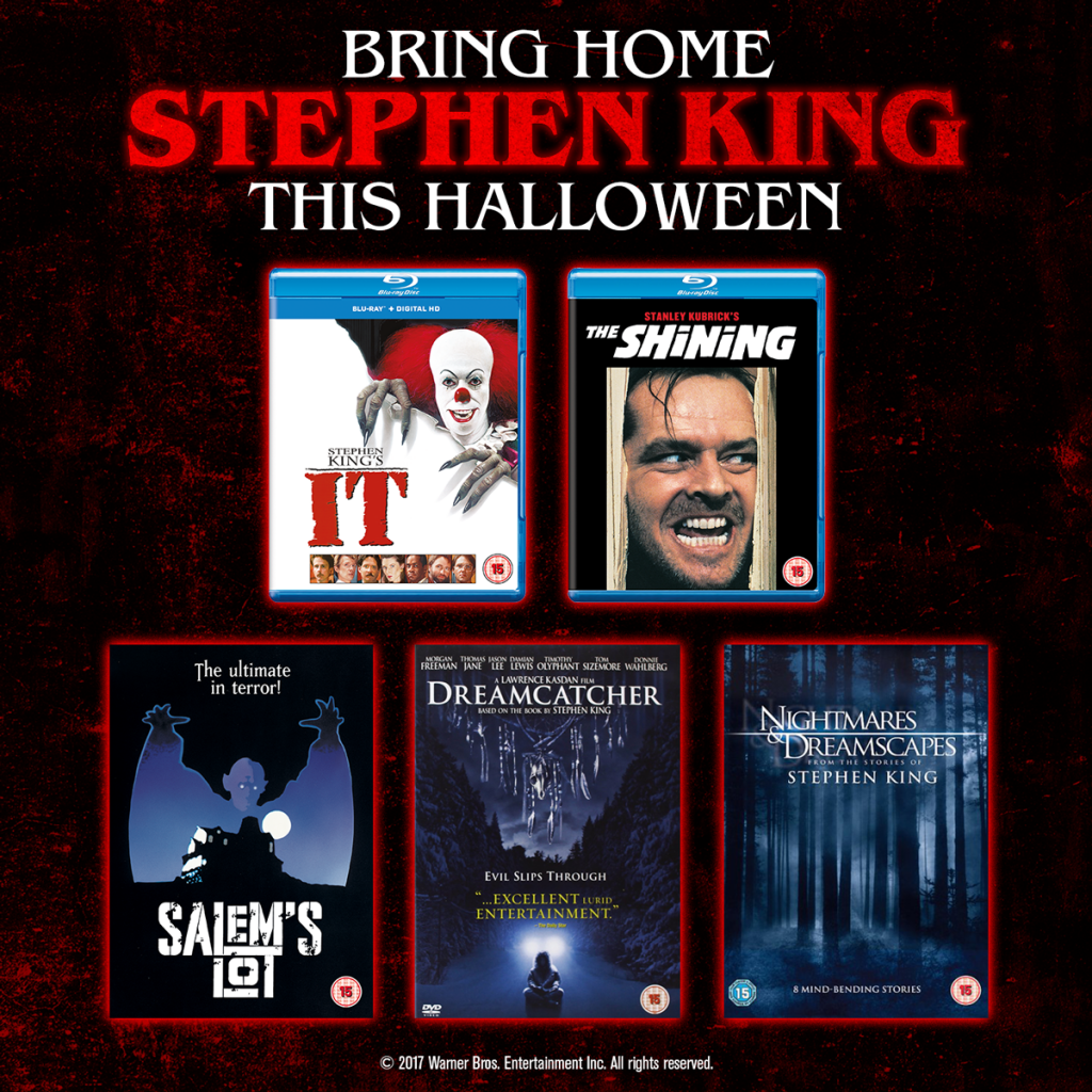 A promotional image featuring five Stephen King films on Blu-ray—including IT, The Shining, Salem’s Lot, Dreamcatcher, and Nightmares & Dreamscapes—with red text reading "Bring home Stephen King this Hallowe’en.