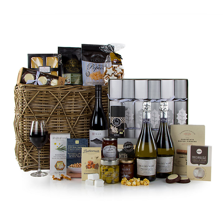 Contents of the hamper prize includes bottles of wine, Christmas crackers, festive foods and treats
