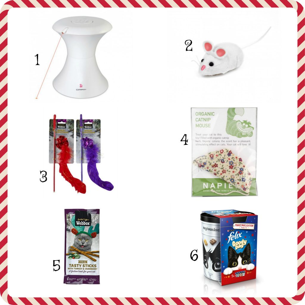 A collage of six fun toys and treats for cats: 1. White electronic toy, 2. White toy mouse, 3. Two feather teaser wands, 4. Bag of organic catnip, 5. Pack of tasty cat sticks, 6. Box of Felix cat treats.