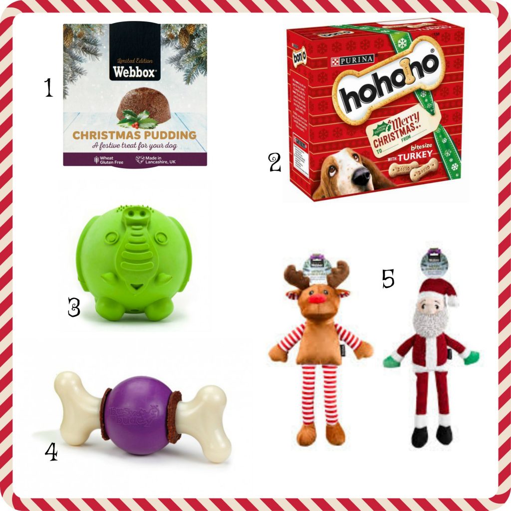 A festive collage with five Christmas-themed dog toys and treats—plus picks for cats—featuring a Christmas pudding, turkey treats, a green elephant toy, bone toy, plush reindeer, and Father Christmas on a striped red-and-white border background.