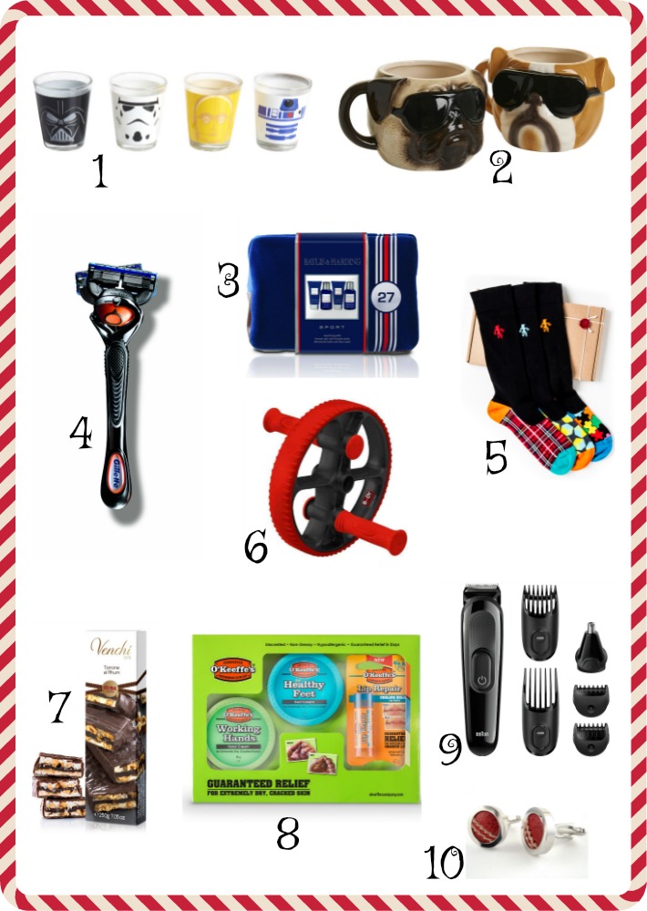 A collage of ten gift ideas: animal shot glasses, dog mugs, blue towel set, razor, colourful socks, ab roller, chocolate bars, foot care set, black hair trimmer with attachments, and a red and black wristwatch.