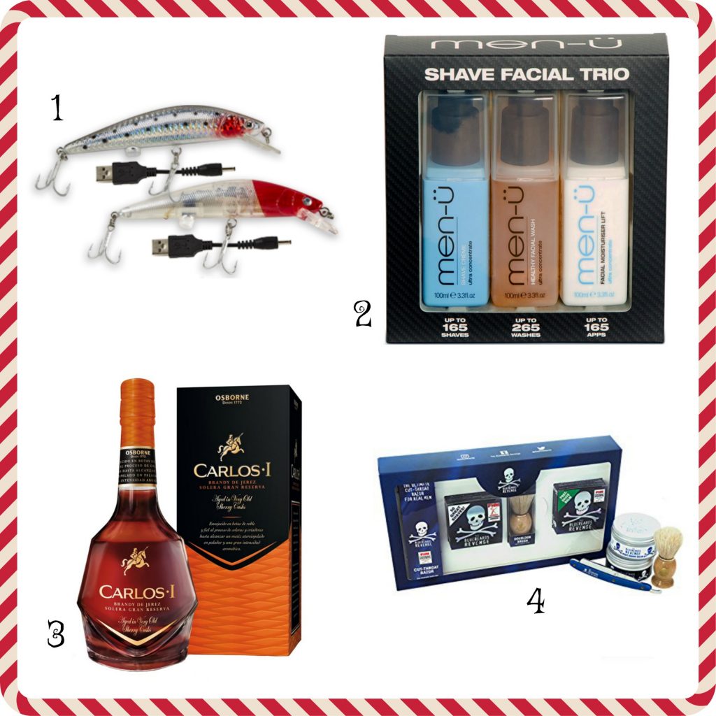 A collage of four gift ideas: two fishing lures, a men’s shaving kit with three bottles, a boxed bottle of Carlos I brandy, and a men’s grooming set with skull-and-crossbones branding.