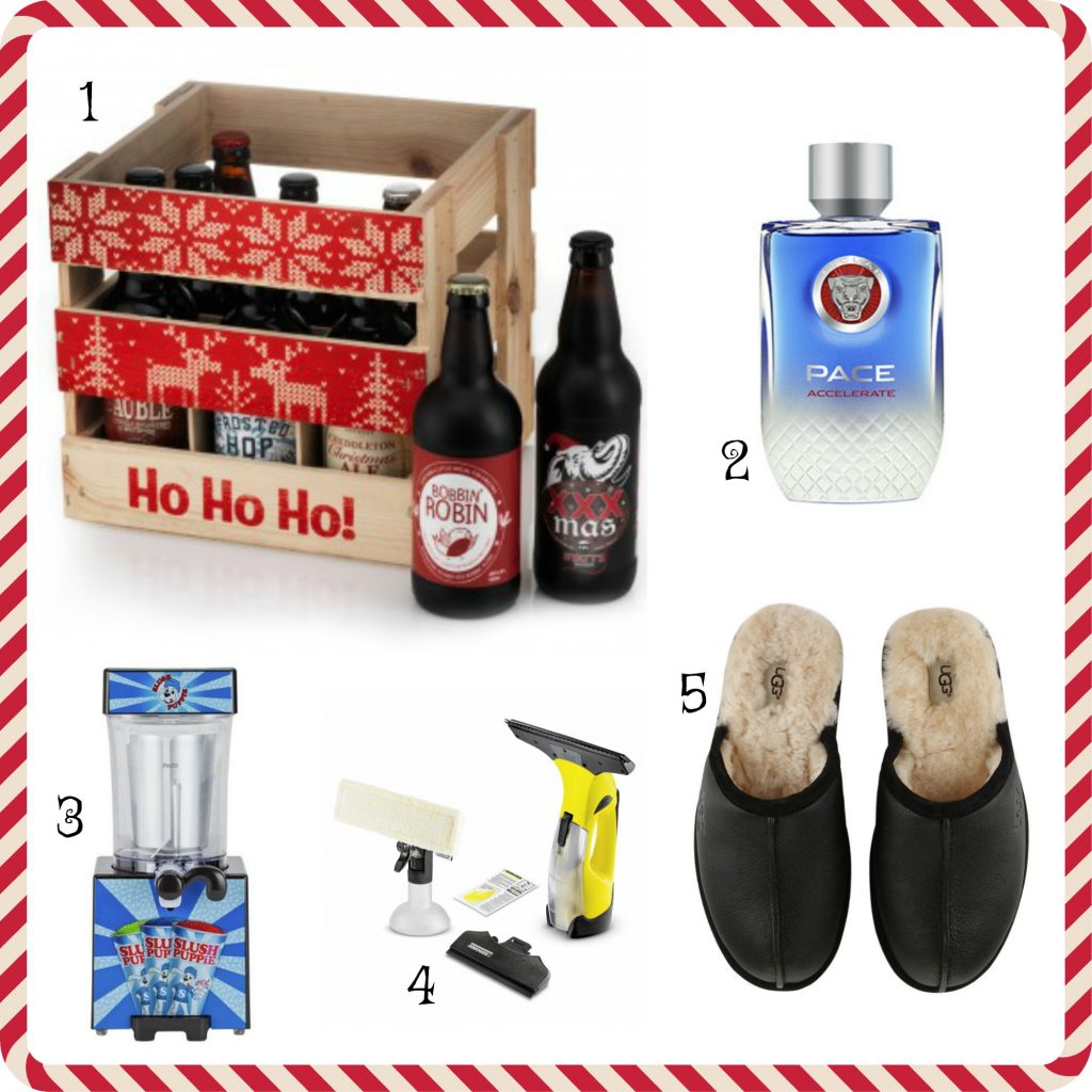 A collage featuring five holiday gift ideas: festive beer crate, blue cologne bottle, ice slush machine, window cleaning set, and a pair of black slippers—perfect ideas for anyone on your list.