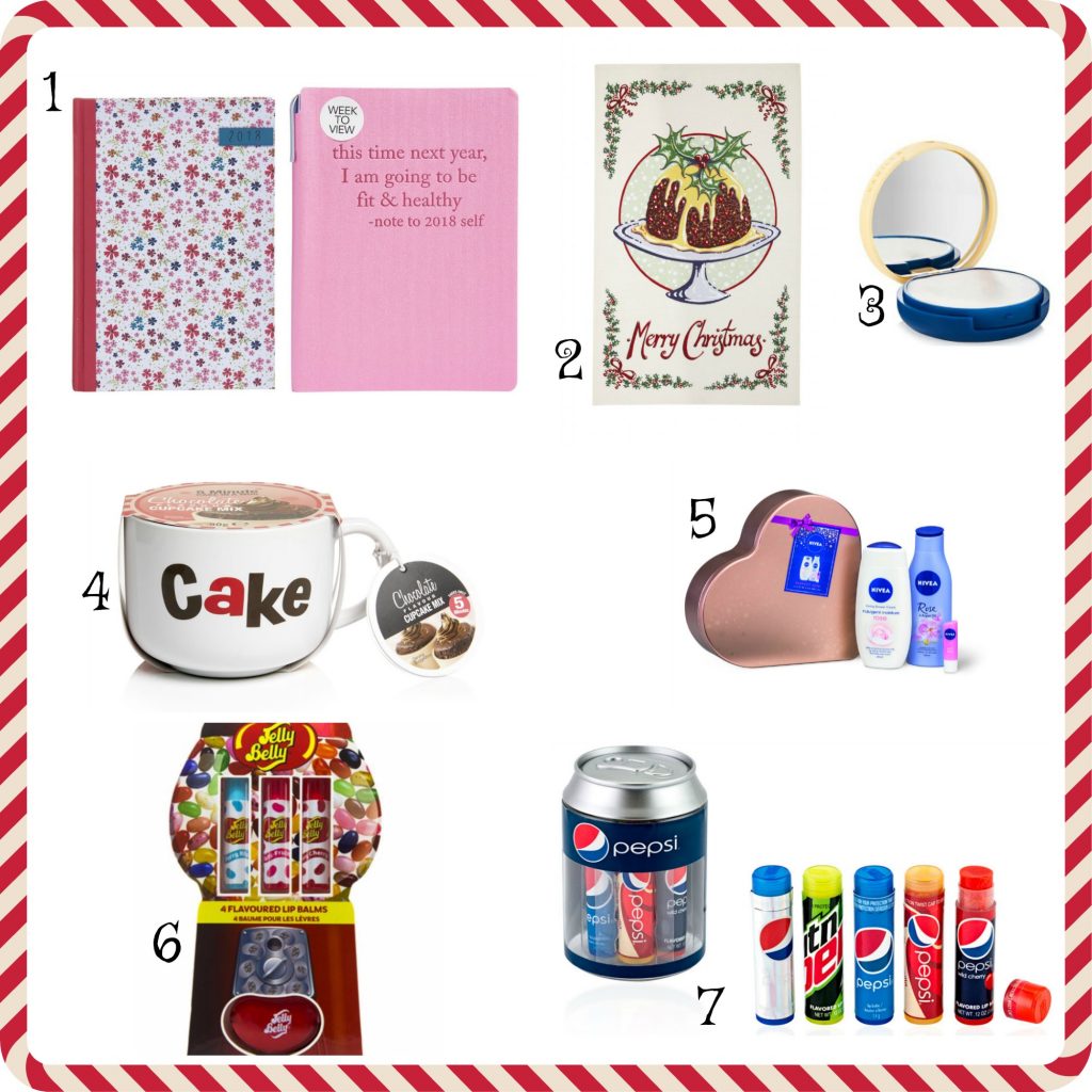 A collage of seven gift items for her: floral and pink notebooks, Christmas pudding card, compact mirror, mug with cake mix, heart-shaped box with body products, Jelly Belly lip balms in a dispenser, and Pepsi and 7 Up lip balms and tin.
