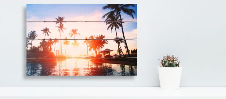 palm trees at sunset image on a wooden picture canvas