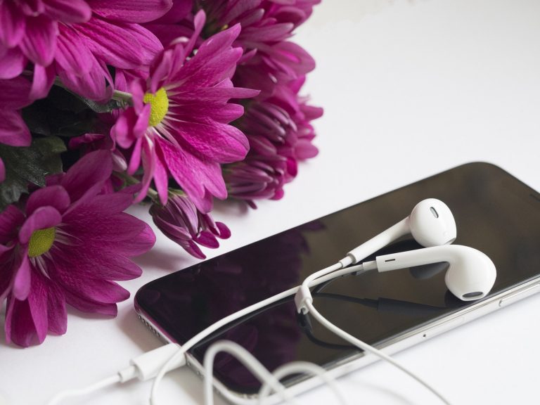 ipod touch, earphones and purple flowers