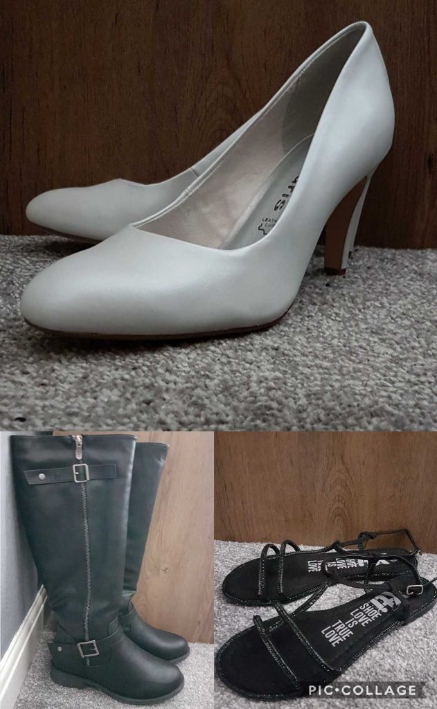 A collage of women's shoes features white high-heeled court shoes, black knee-high boots with buckles, and black strappy flat sandals, all displayed indoors on a carpeted floor.