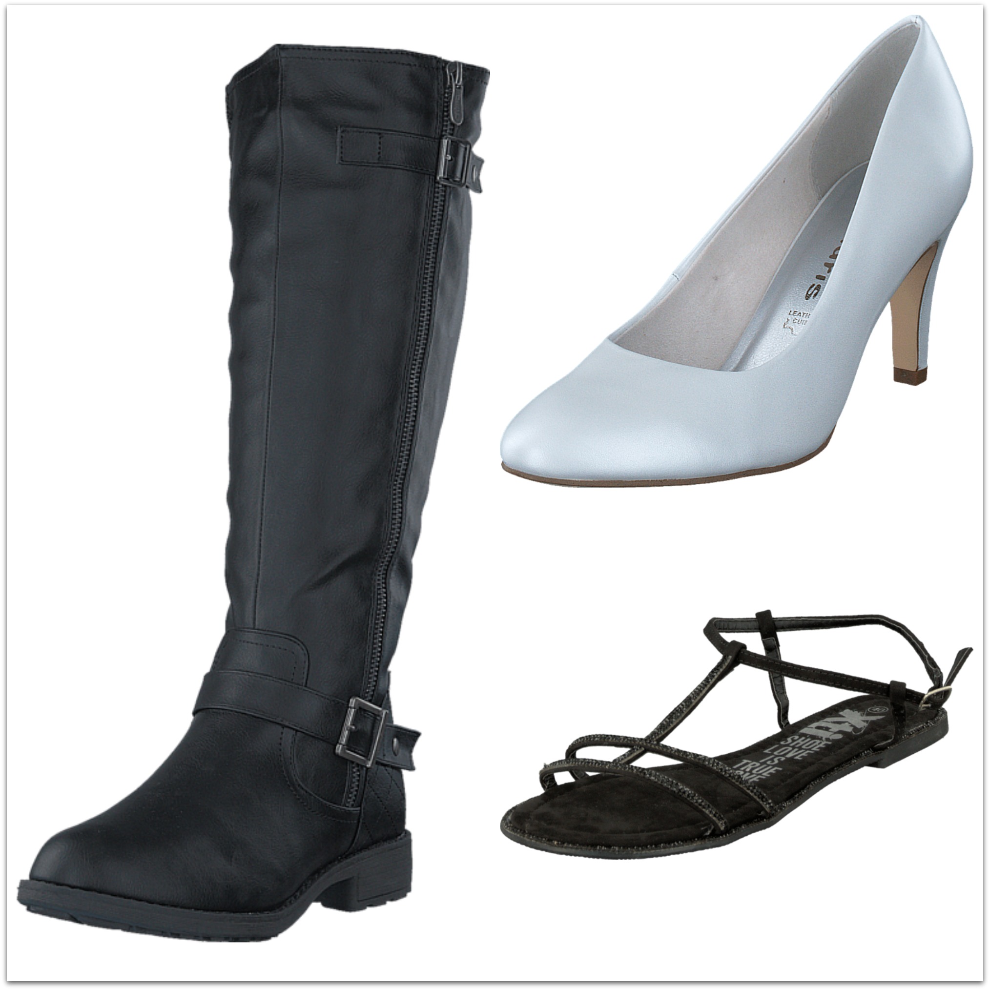 an image showing three pairs of footwear - black calf length boots, white court shoes and black diamante sandals