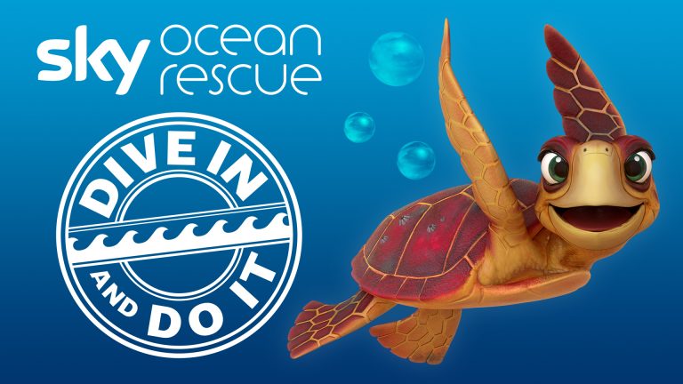 A cartoon sea turtle on a blue background with the words Sky Ocean Rescue - Dive In and Do It in a circle