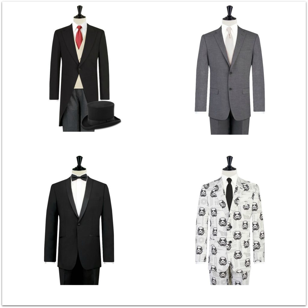 A group of mannequins showcase elegant wedding suits, perfect for making a stylish statement on your special day.