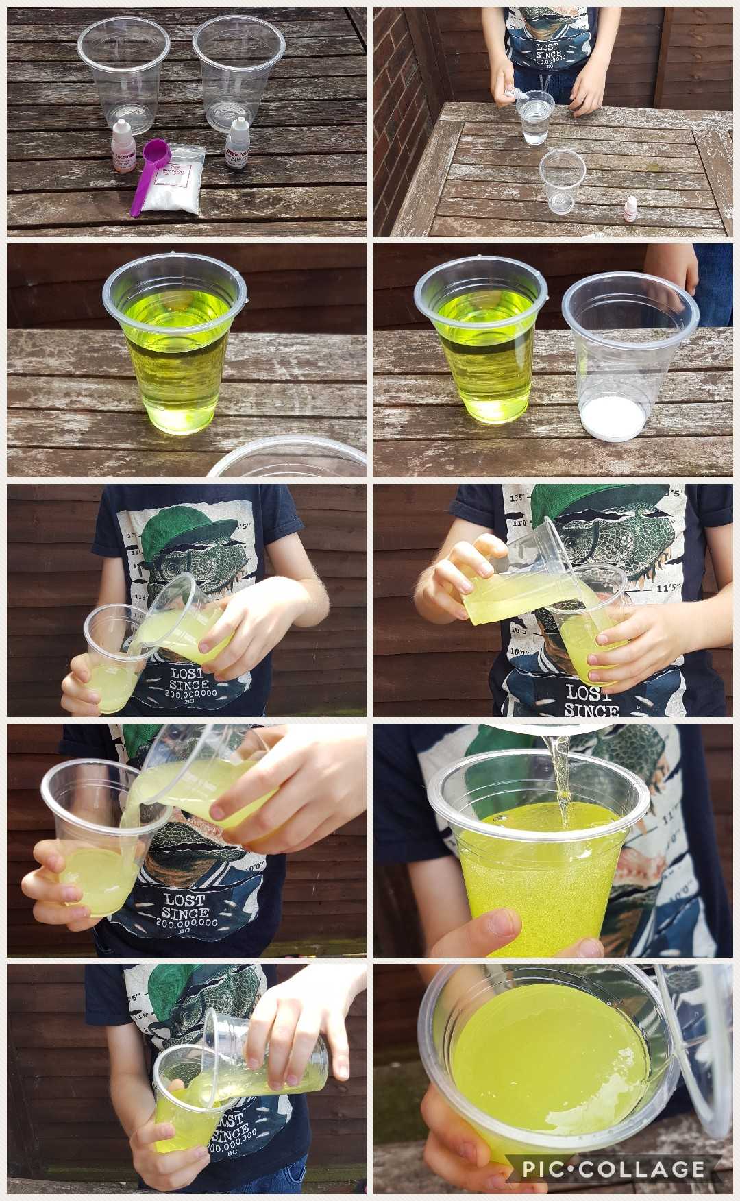 A child explores Gross Science by mixing liquids and powder in clear plastic cups, creating a fizzy yellow-green drink. The sequence shows step-by-step mixing and the final bubbly, foamy result in an outdoor setting.