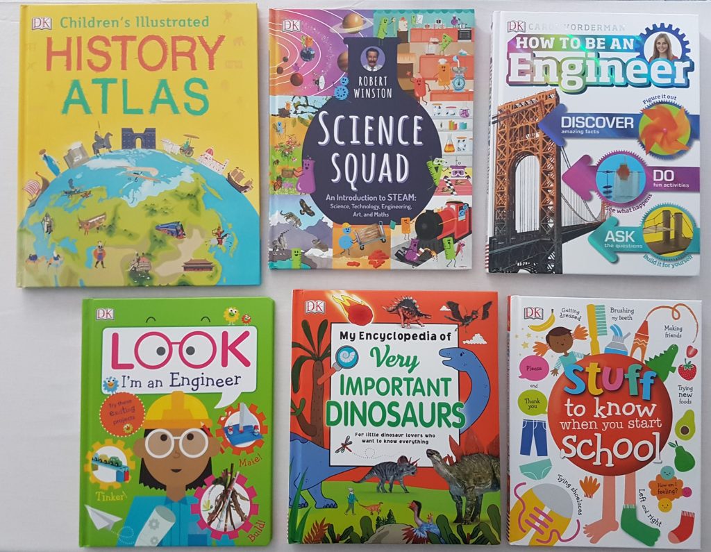 Seven colourful children’s books are arranged on a white surface—perfect for back to school 2018. Titles include "History Atlas," "Science Squad," "How to Be an Engineer," "Look I'm an Engineer," "Dinosaurs," and more.