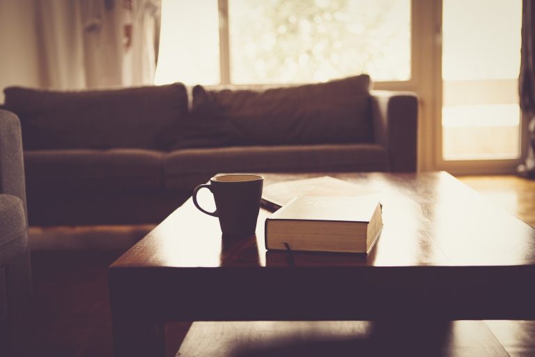 A cozy living room consisting of a brown sofa and coffee table with book and coffee cup on it