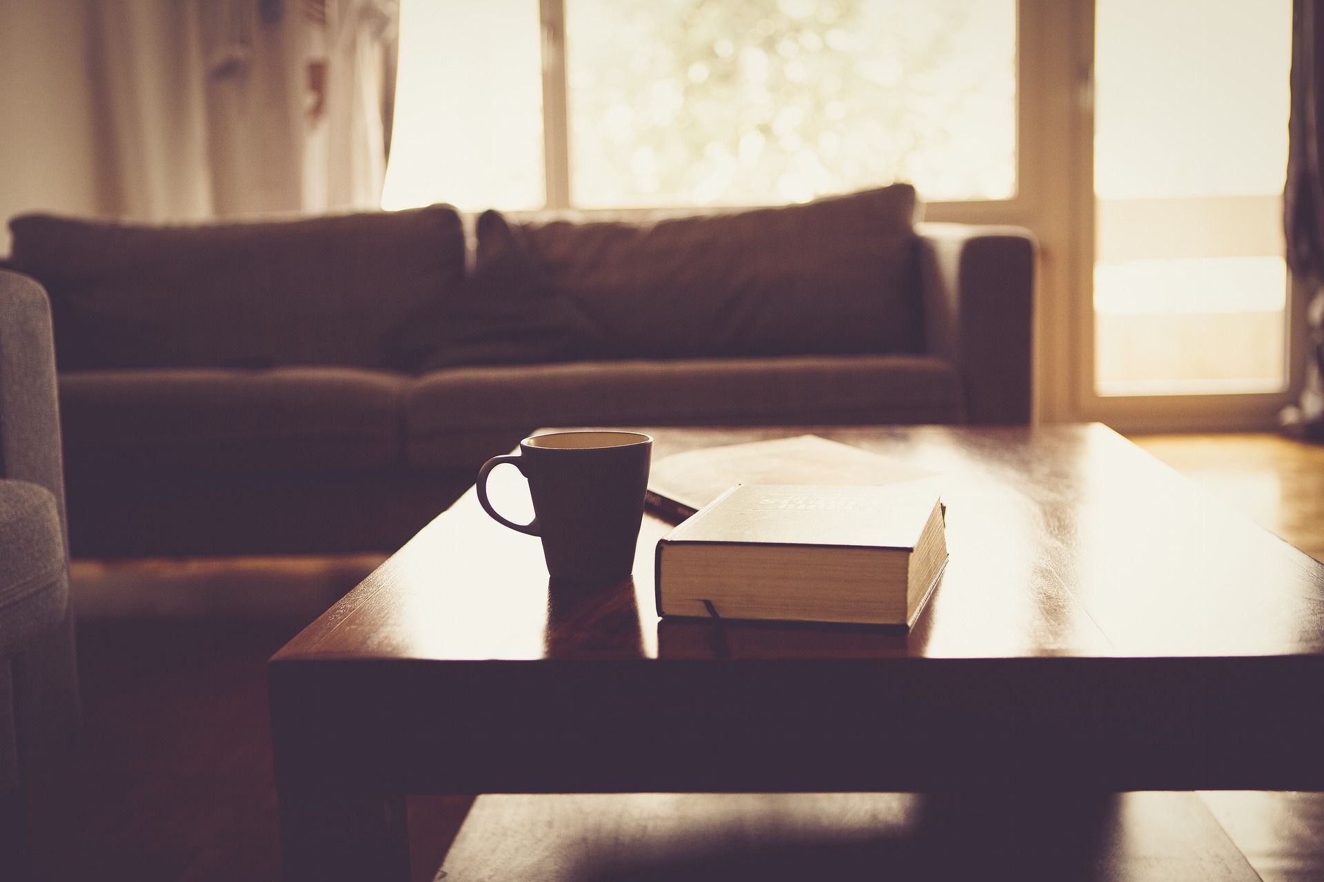 A cozy living room consisting of a brown sofa and coffee table with book and coffee cup on it