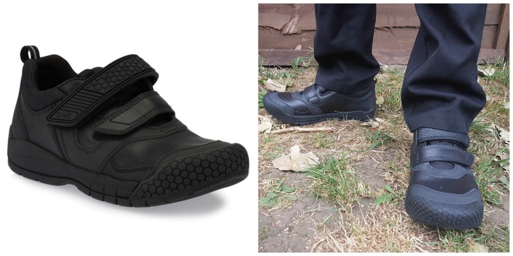 Split image: On the left, a black shoe with Velcro straps is shown against a white background. On the right, a person in similar black shoes stands on patchy grass—perfect for back to school 2018 style and comfort.
