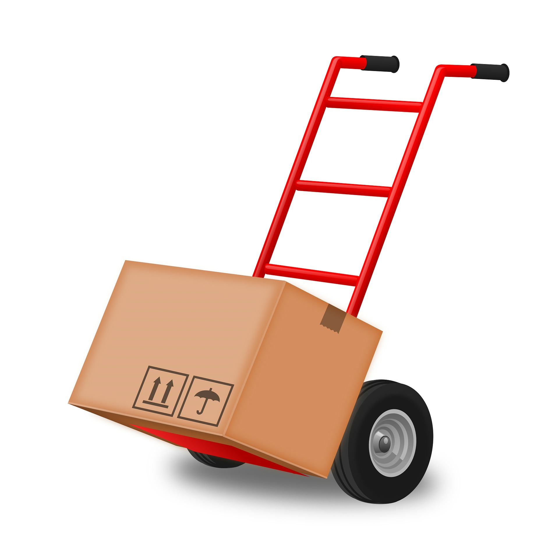 A cardboard box with handling symbols sits on a red sack truck with black wheels, positioned at an angle as if ready for moving house.