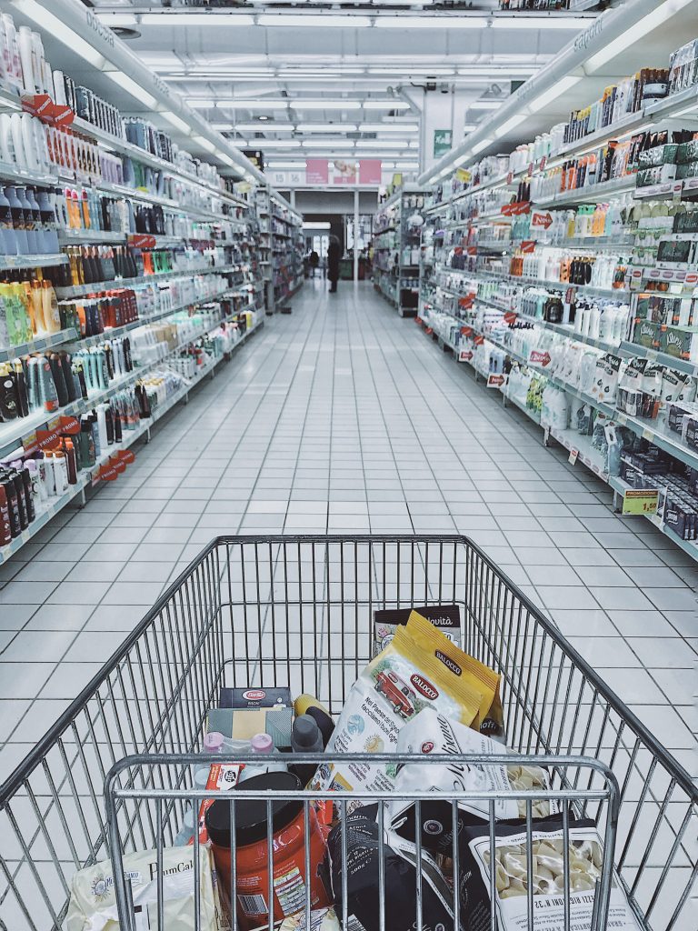 grocery's in a trolley in the supermarket