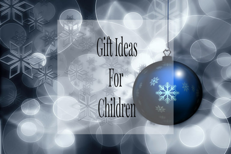 A blue Christmas bauble with a snowflake design hangs on the right. Snowflake patterns and white glowing circles decorate the blurred grey background. Centred text reads, "Gift Ideas for Children," perfect for inspiring your Christmas shopping list.