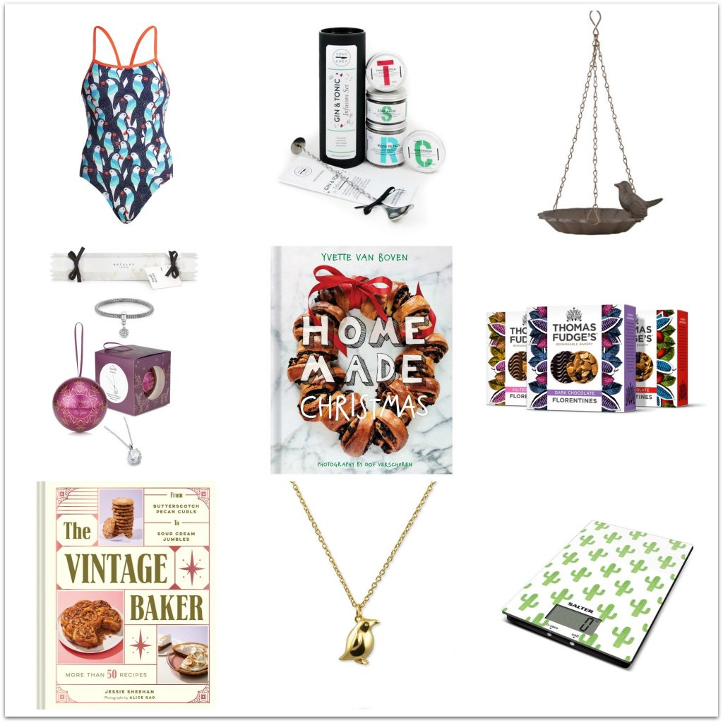 A grid of nine gifts for her, including a patterned swimming costume, tea sampler, bird-shaped hanging planter, bath bomb, Christmas recipe book, assorted biscuits, vintage baking book, gold bird pendant necklace, and cactus-patterned scales.