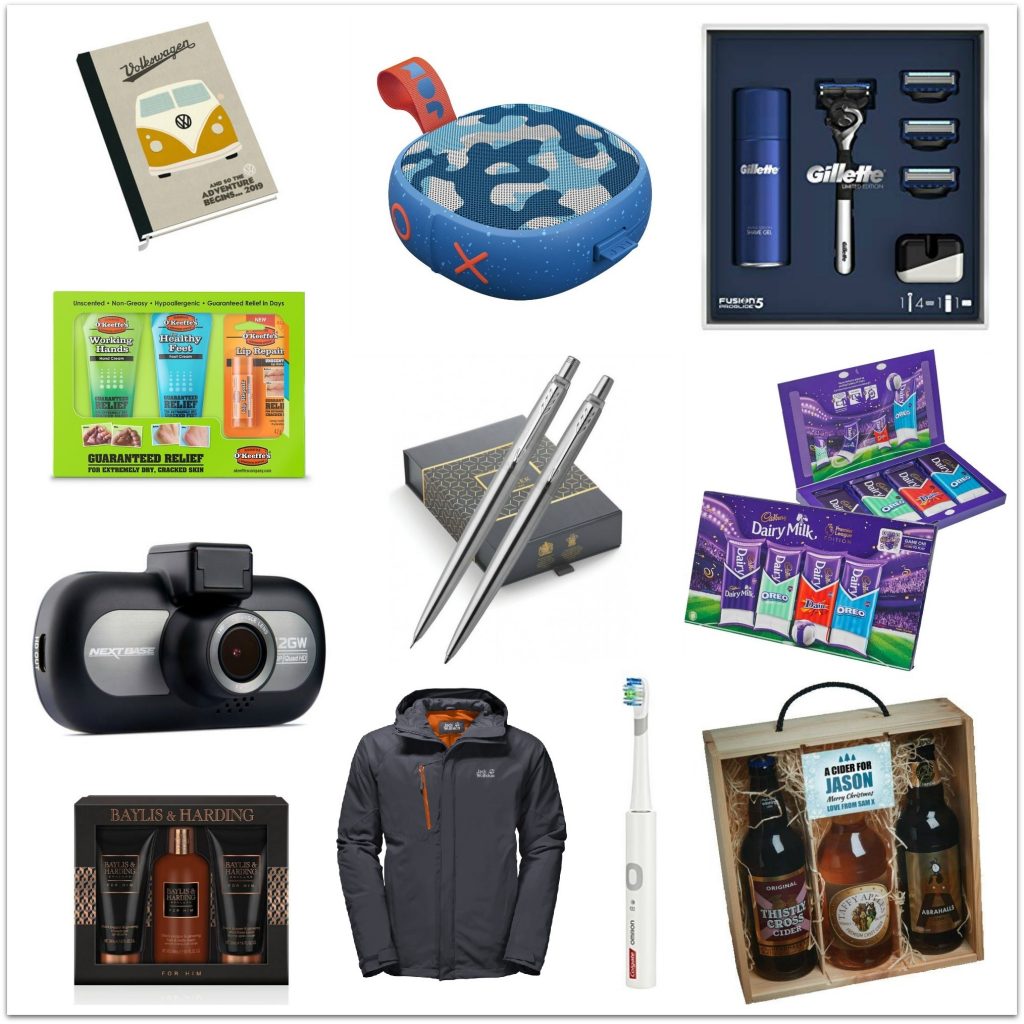 A collage of eleven gift items, perfect as Gift Ideas For Him, including a book, wireless speaker, shaving kit, skincare set, pen set, chocolate box, dash cam, gift box, jacket, electric toothbrush, and a beer gift set.