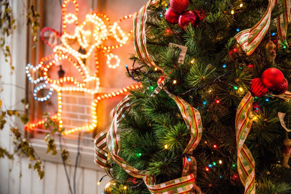a Christmas tree and festive lights