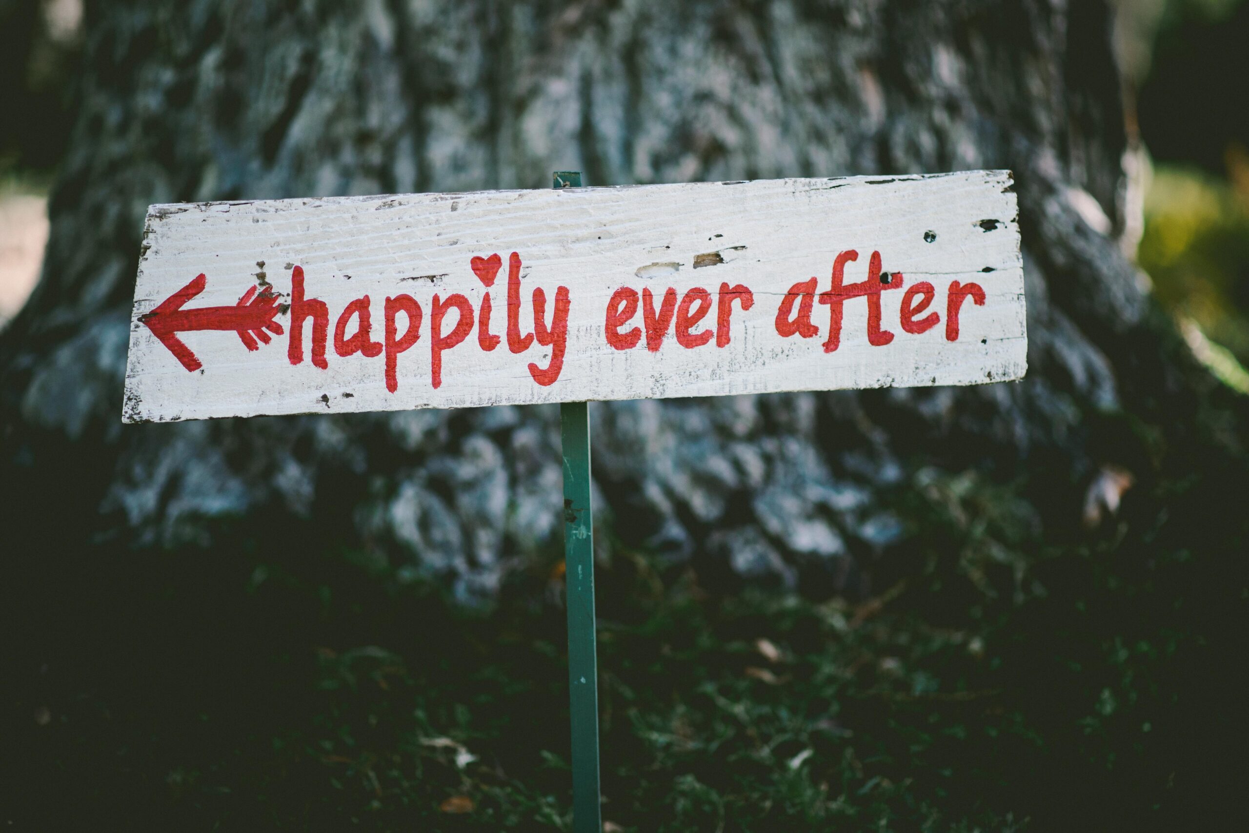 A wooden sign with red text reading “happily ever after” and an arrow pointing left, set outdoors in front of a large tree.