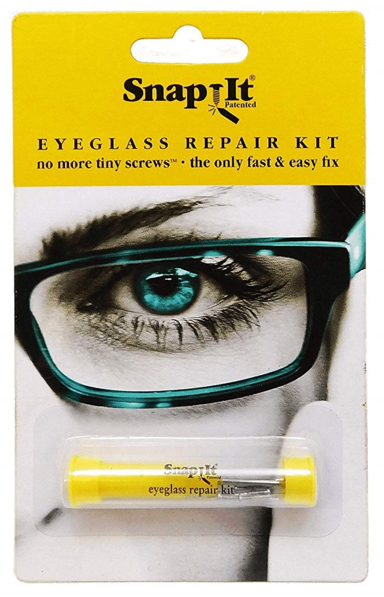 SnapIt eyeglass repair kit packaging showing a close-up of a person’s blue eye with black-framed glasses, and a yellow repair tool with a metal screw tube displayed in a clear plastic case at the bottom.