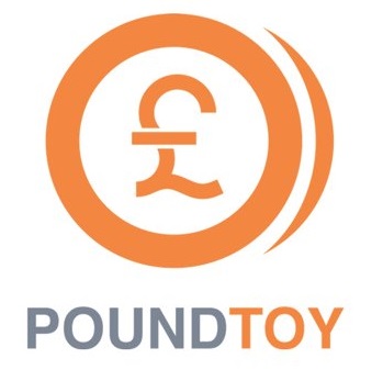 Logo featuring an orange pound currency symbol inside a circle with two curved lines, above the word "POUNDTOY" in distinctive grey and orange capitals—perfect for representing the PoundToy brand.