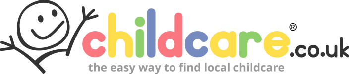 Logo for childcare.co.uk, featuring a smiling stick-figure child next to the colourful word "childcare.co.uk" in lowercase letters and the tagline "the easy way to find local childcare.