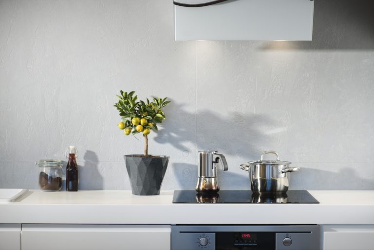 A minimalist kitchen worktop features a potted lemon tree, a glass jar, a bottle, a metal espresso maker, and a stainless steel pot on the hob against a light grey wall.