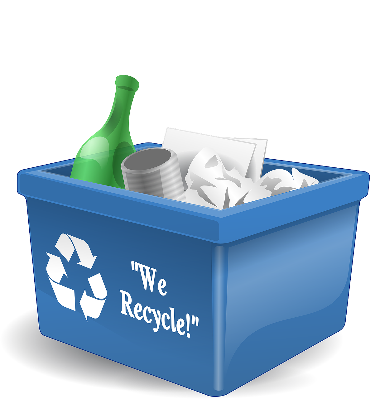 A blue recycling bin labelled "We Recycle!" contains a green glass bottle, a tin can, crumpled paper, and cardboard with a recycling symbol on the front to help the environment.