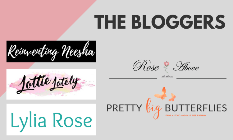 A graphic titled "The Bloggers" featuring five blog names—Reinventing Neesha, Lottie Lately, Lylia Rose, Rose Above The Thorns, and Pretty Big Butterflies—each with unique logos and fonts, inspired by a cinema gift card competition.