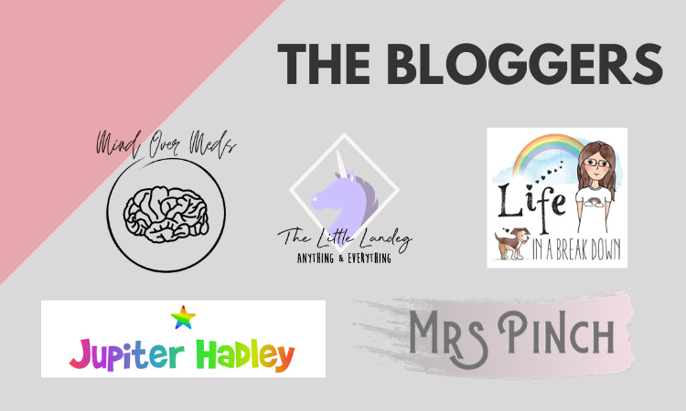 A graphic titled "The Bloggers" displays five blogger logos—Mind Over Meds, The Little Landey, Life in a Breakdown, Jupiter Hadley, and Mrs Pinch—on a grey and pink background, promoting a cinema gift card competition.