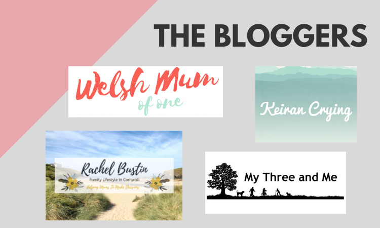 A graphic titled "The Bloggers" displays four blog logos—Welsh Mum of One, Keiran Crying, Rachel Bustin, and My Three and Me—arranged on a pale background with a pink diagonal corner for a cinema gift card competition.
