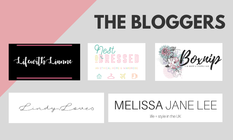 A graphic titled "THE BLOGGERS" features five blog logos: Life with Lianne, Nest & Dressed, Boxnip, Lindy Loves, and Melissa Jane Lee—all displayed with unique fonts and designs on a pink, grey, and white background for a cinema gift card competition.