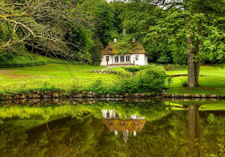A small white cottage with a thatched roof sits among lush green trees, inspiring ideas to improve your garden, its reflection perfectly mirrored in the calm pond in the foreground.