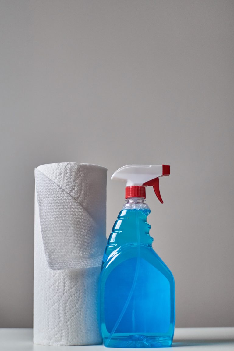 A roll of white kitchen paper stands next to a clear plastic spray bottle filled with blue cleaning solution—essentials often used by professional cleaning services in London—against a plain, light grey background.