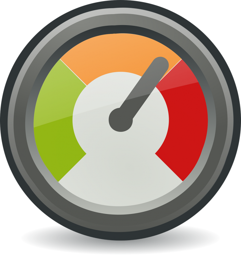 A gauge with green, yellow, and red sections shows the needle pointing towards the red area, indicating a high or critical level—an important signal in any credit score guide.